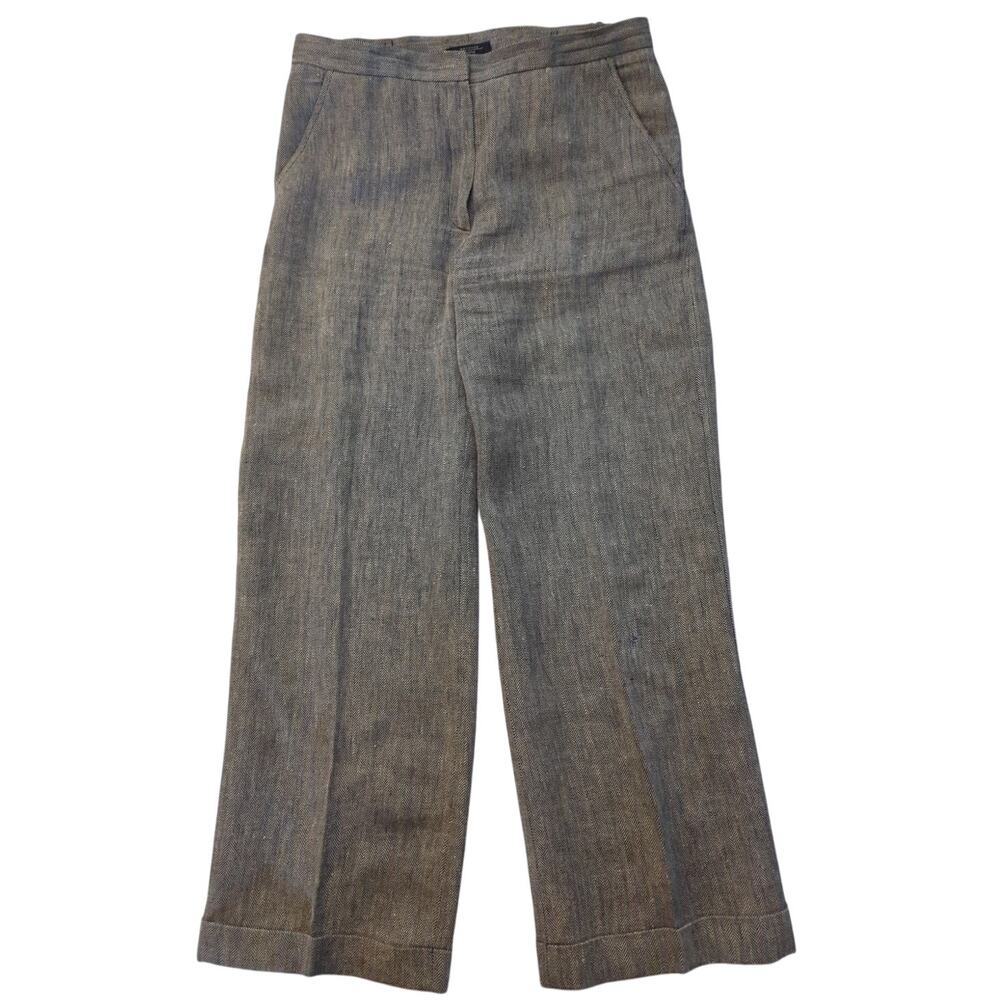 Weekend MaxMara Cream Black Herringbone Italian Cuffed Linen Pants Womens Size 8